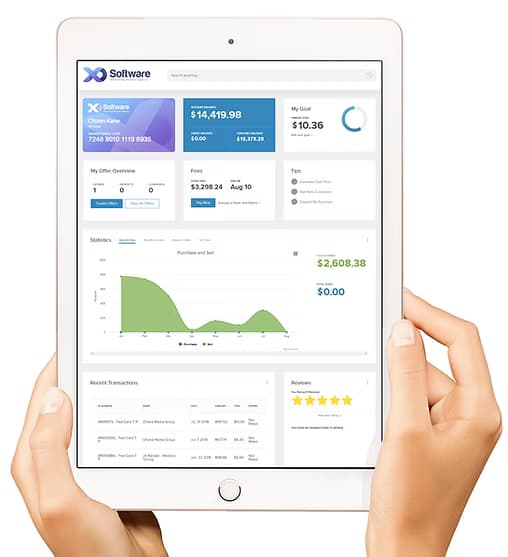 XO Software barter exchange platform showing multi-currency and six-language support across 21 countries